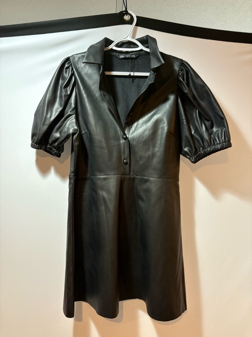 Zara Black Faux Leather Shirt Dress with Puff Sleeves